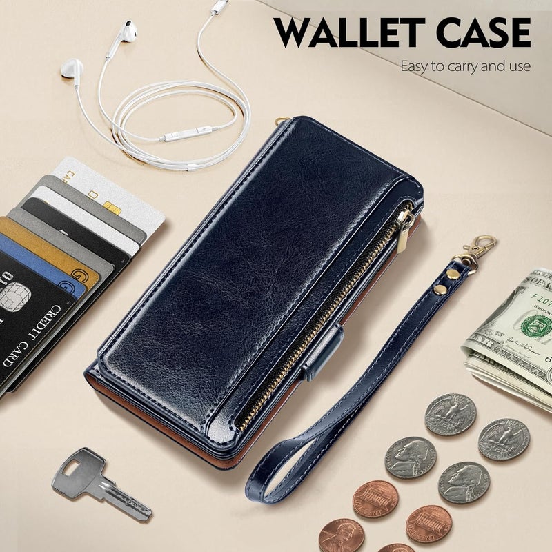 Antsturdy Compatible with iPhone 16 Pro Max Wallet Case,RFID Blocking PU Leather Phone Case Women Men Kickstand flip Cover Wrist Strap Zipper Credit Card Holder Slots for Apple 16 ProMax,Dark Blue - Image 3